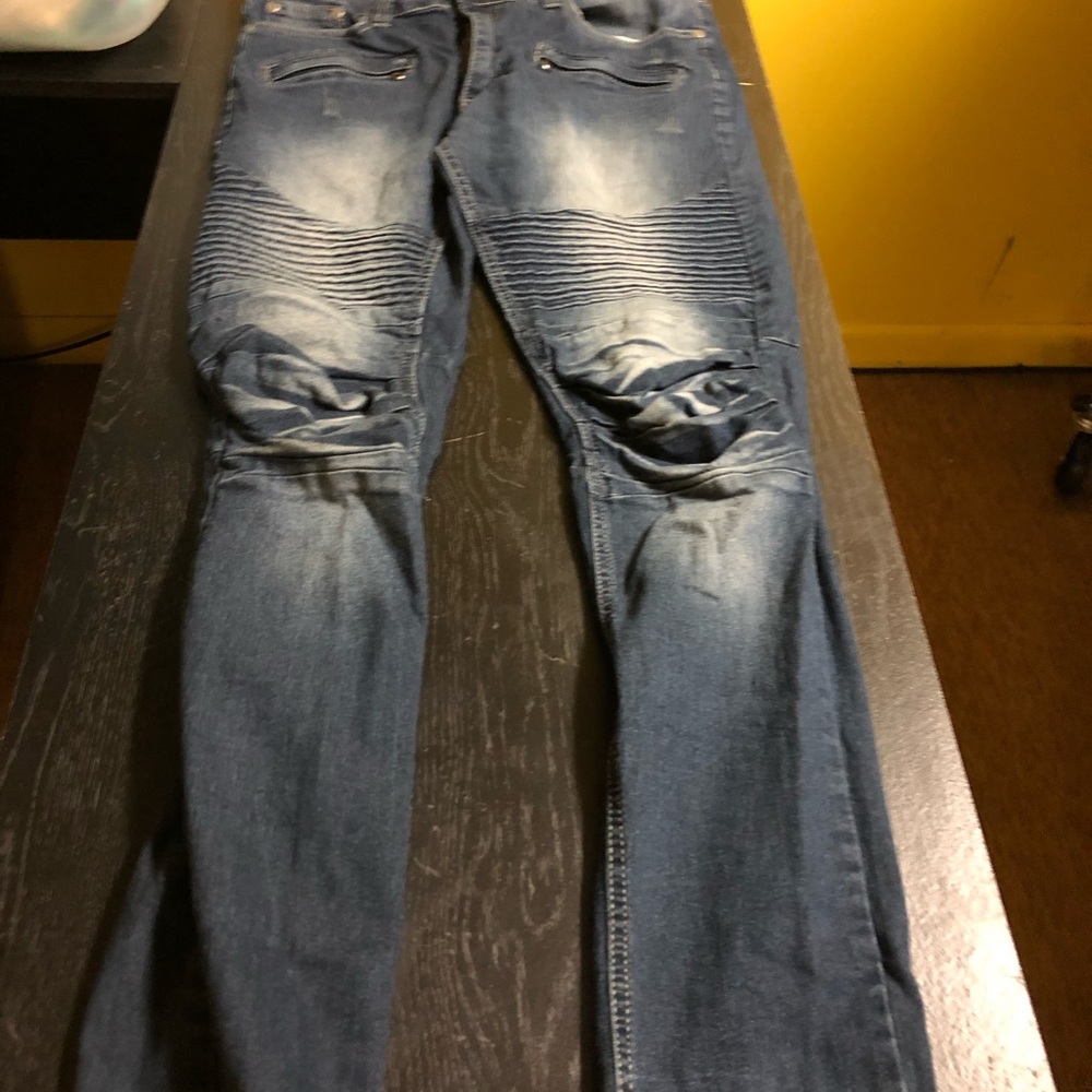 WAIMEA 32 SKINNY FIT PLEADED KNEE BLUE DEMIN JEAN